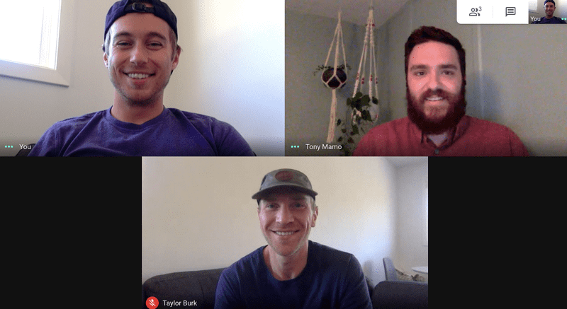 Screenshot of the three co-founders of Packup on a Google Meet video call