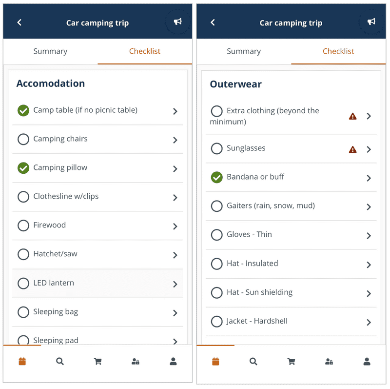 Two screenshots of the Packup app showing a packing list with checked and unchecked items